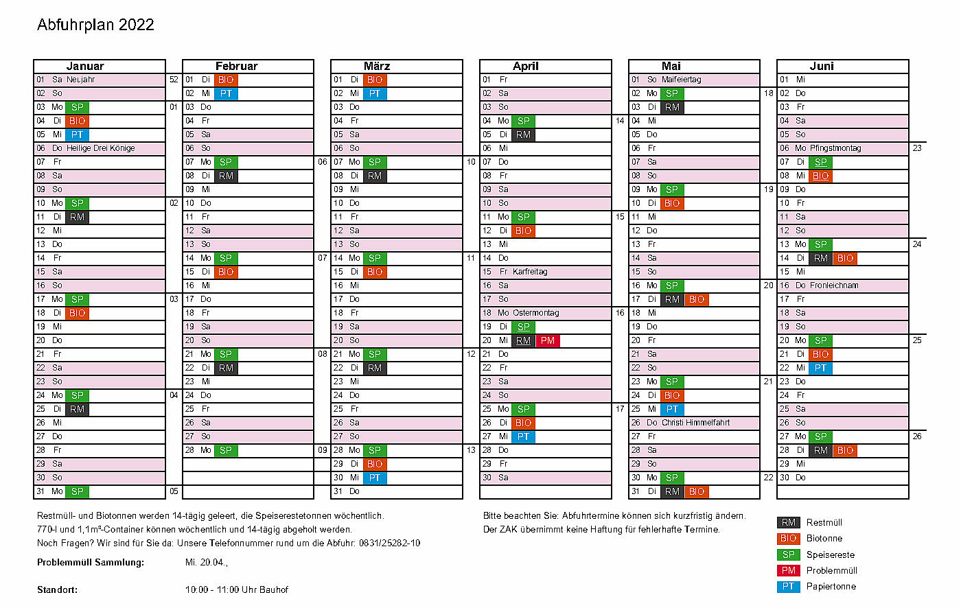 Abfuhrkalender mit den Terminen für die Tonnenabfuhr