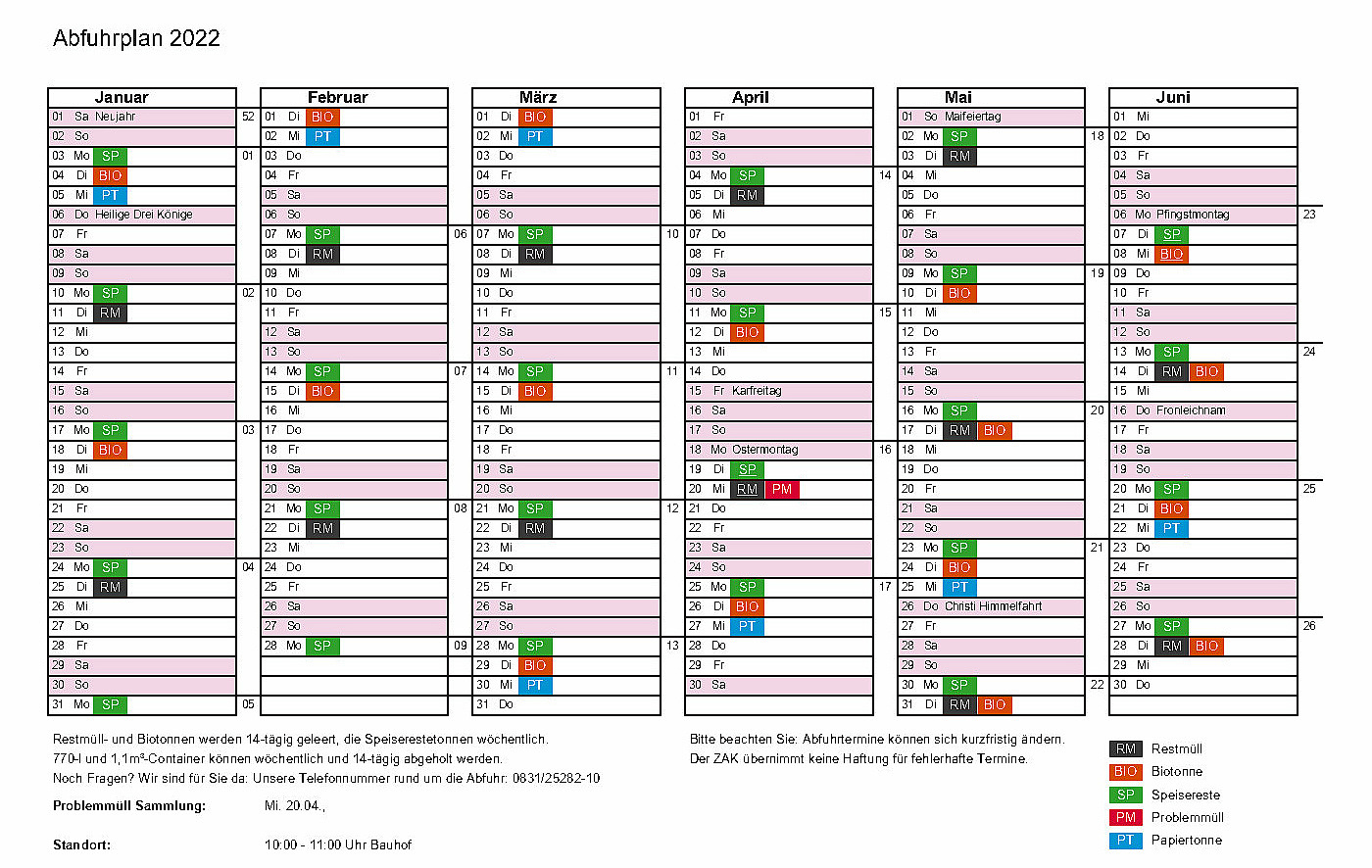 Ein Kalender mit Entsorgungs- und Abfuhrterminen