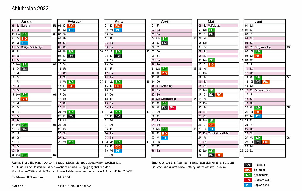 Abfuhrkalender mit den Terminen für die Tonnenabfuhr