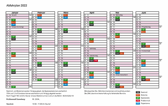 Abfuhrkalender mit den Terminen für die Tonnenabfuhr