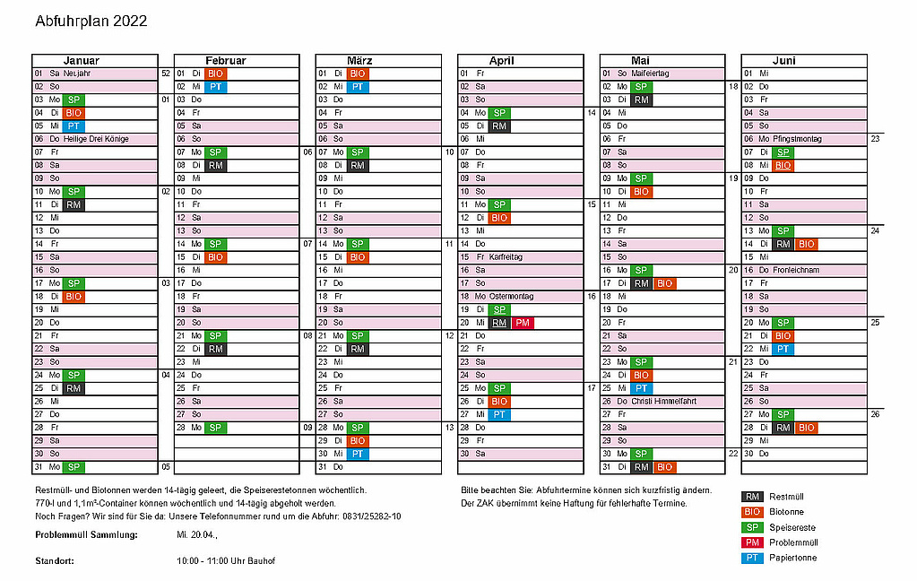 Ein Kalender mit Entsorgungs- und Abfuhrterminen