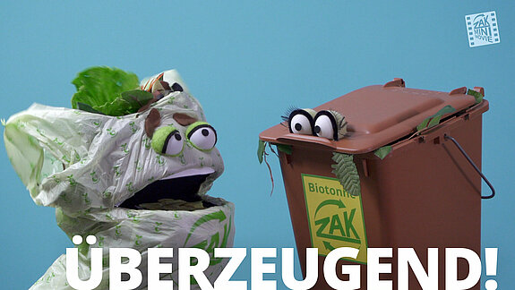 Titelbild zum Video Biomüll mit sprechenden Biobeutel und Biomüllbehälter